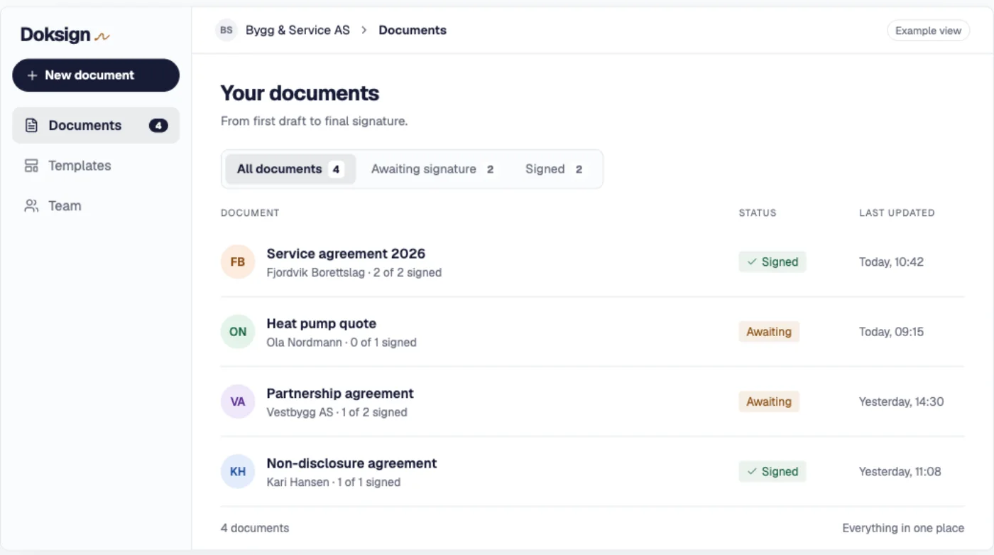 DokSign documents list with signed and awaiting agreements