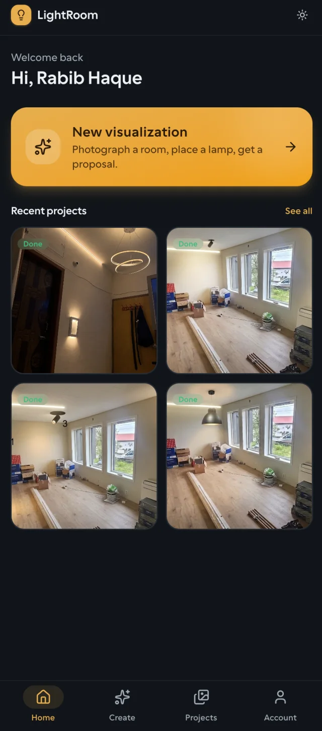 LightRoom home screen with a new visualization button and four finished room projects