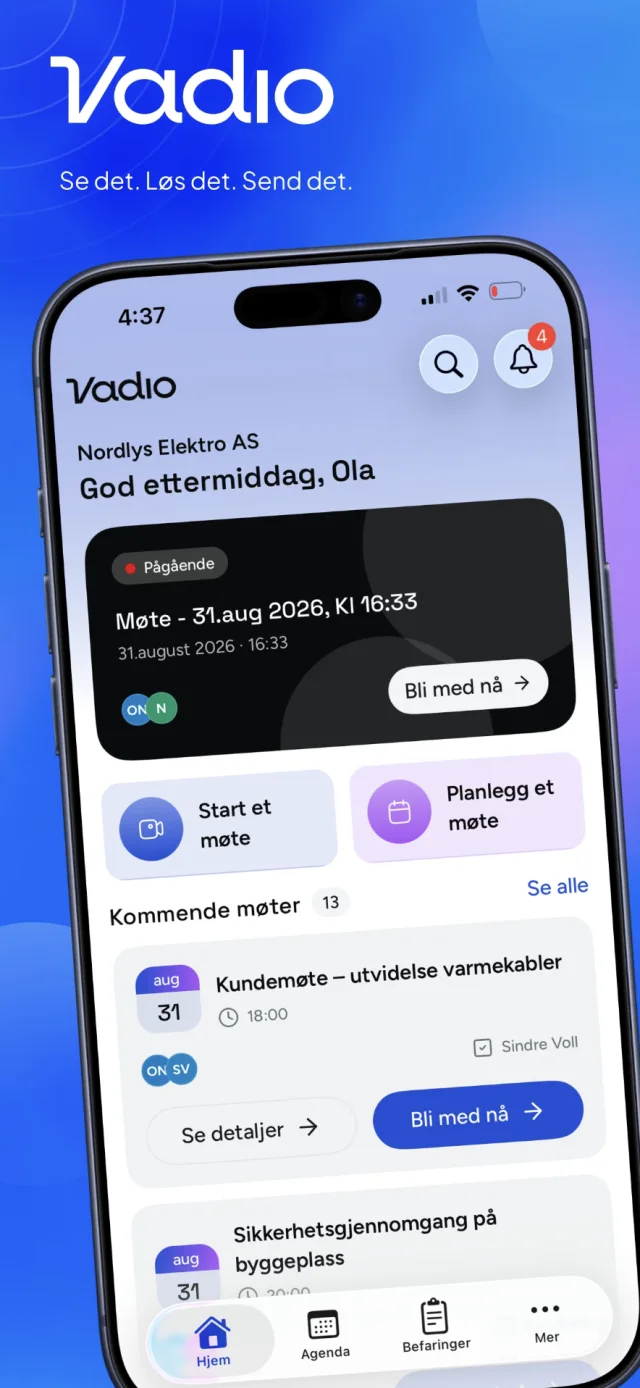 Vadio Connect home screen with an ongoing meeting and upcoming meetings